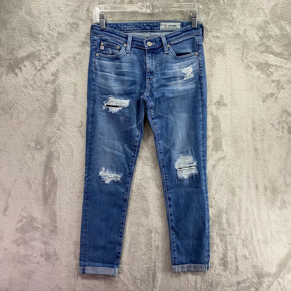 AG Adriano Goldschmied Stilt Roll Up Jeans 26 Blue Distressed Cigarette Cropped